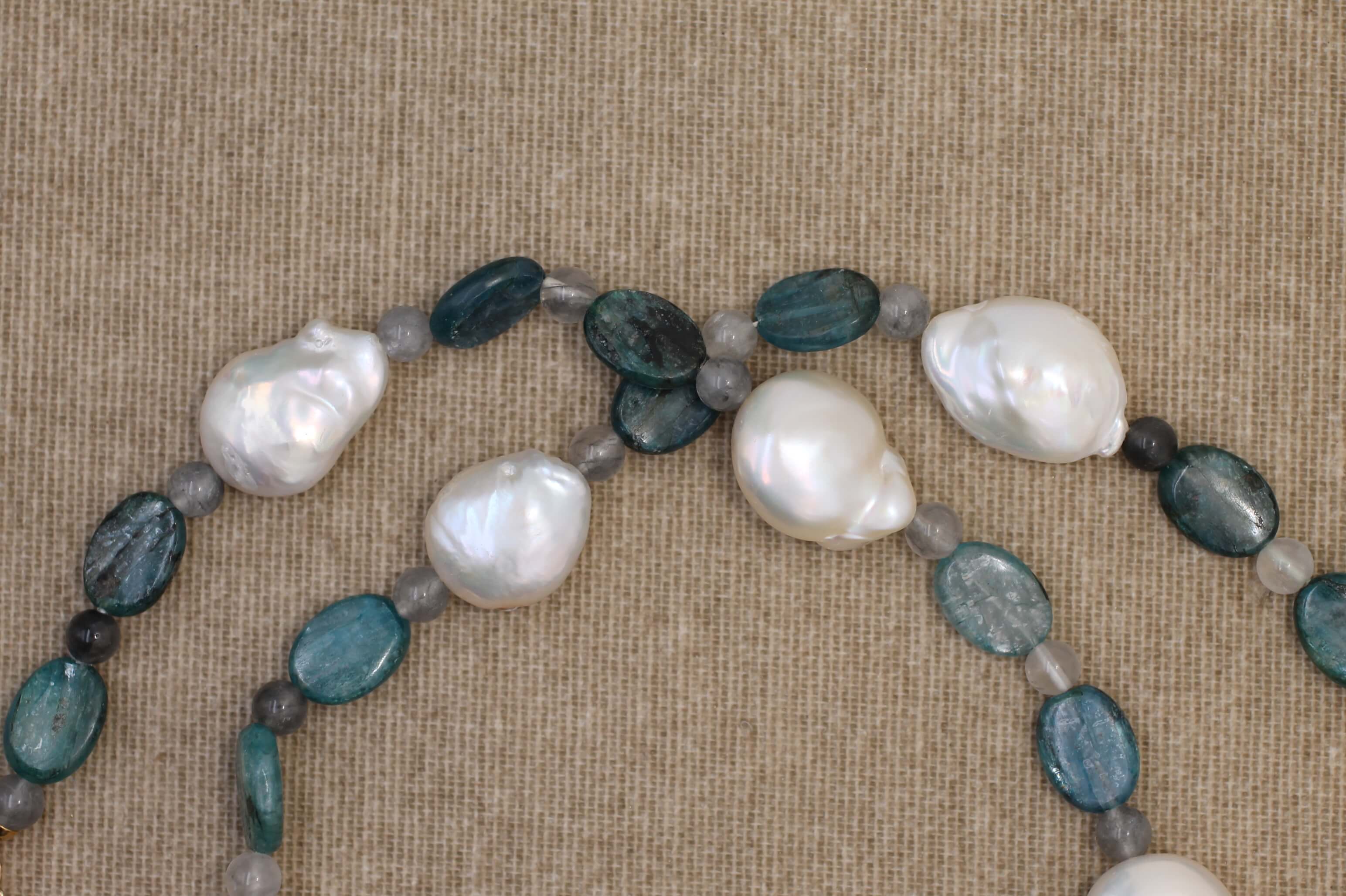 Gold, Kyanite, Quartz and Baroque Pearls necklace