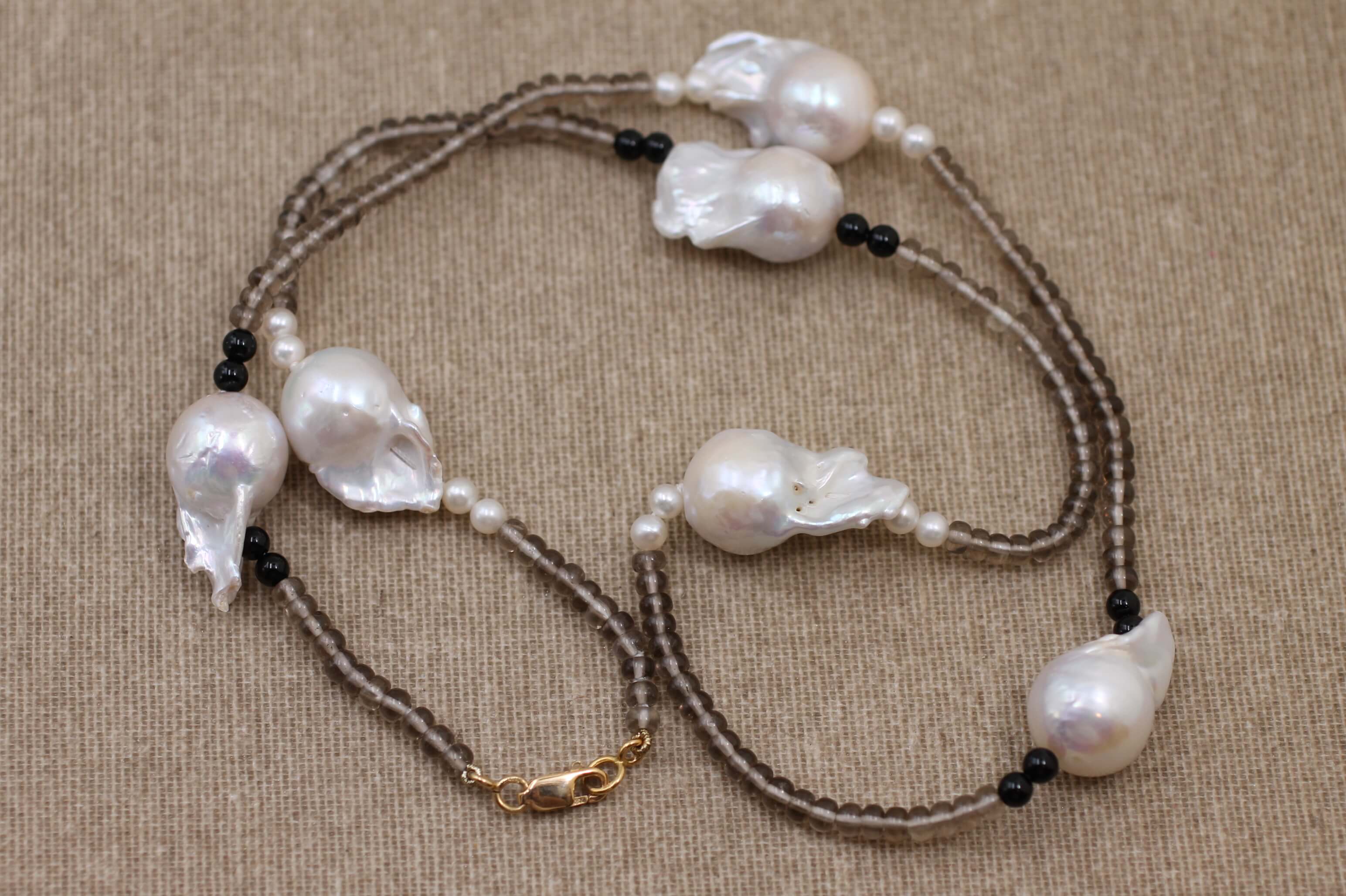 Gold, Smoky Quartz, Baroque Pearl, Onyx, Pearls necklace